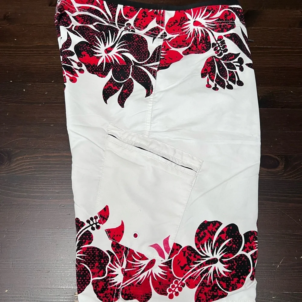 Hurley White Swim Shorts with Red and Black Floral Print